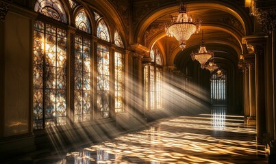 Poster - Sunbeams illuminate a grand hall with stained glass windows.