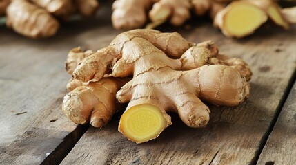 Poster - Raw ginger roots displayed on a wooden background, evoking a sense of freshness and the importance of organic ingredients in wellness