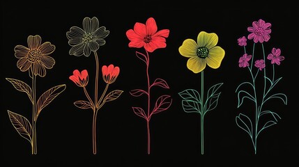 Wall Mural - set of flowers illustrated in a continuous line style, showing the beauty of nature through minimali