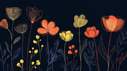 Wall Mural - set of flowers illustrated in a continuous line style, showing the beauty of nature through minimali