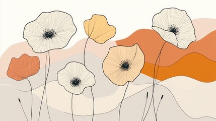 Wall Mural - set of flowers illustrated in a continuous line style, showing the beauty of nature through minimali