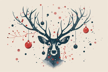 Retro style illustration. Silhouette deer's head wearing Christmas light garlands, decorated for New Year. Wild animal concept for vintage design Xmas greeting card wallpaper banner poster