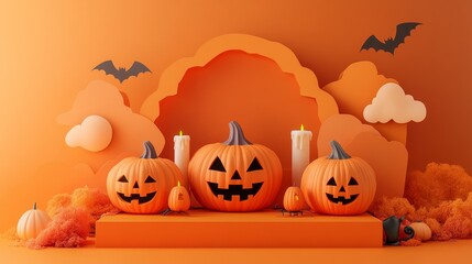 Halloween display podium with 3D Jack O' Lantern pumpkins and candlelight on an orange paper graphic background