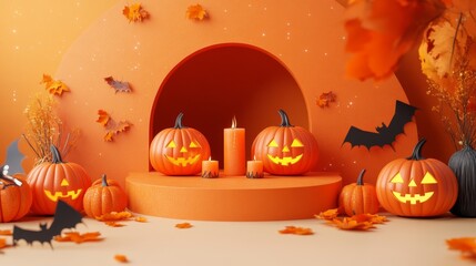 Halloween display podium with 3D Jack O' Lantern pumpkins and candlelight on an orange paper graphic background