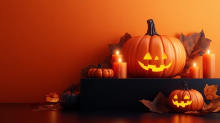 Halloween display podium with 3D Jack O' Lantern pumpkins and candlelight on an orange paper graphic background