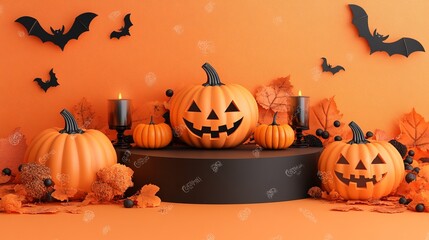 Halloween display podium with 3D Jack O' Lantern pumpkins and candlelight on an orange paper graphic background