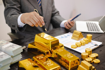 Illustration of a businessman working hard with gold bars, assessing investments and transactions in a financial office, demonstrating asset allocation and precious metals trading strategies.