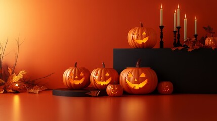 Halloween display podium with 3D Jack O' Lantern pumpkins and candlelight on an orange paper graphic background