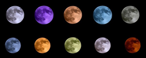 Wall Mural - set of different colors of full moon on black background. astronomy is mysterious and magical. shade
