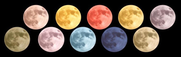 Wall Mural - Set of different colors of full moon on black background. Astronomy is mysterious and magical. Shades of the moon.
