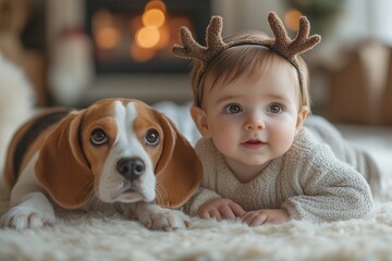 A cute baby boy dressed up as reindeer playing with an adorable Beagle dog in the living room at home during the winter season. 