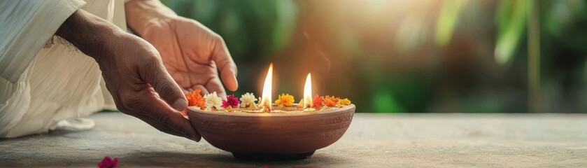 A person places a decorative oil lamp with flowers in a serene setting, symbolizing light and festivities.