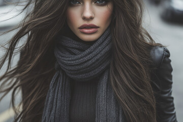 Wall Mural - A woman with long hair and a scarf is standing on a street