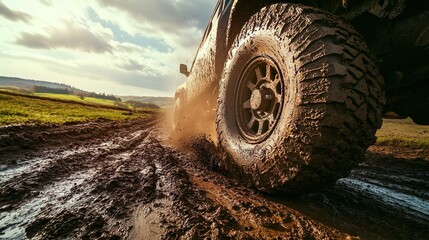 Off-road vehicle tire kicking up mud on a rugged terrain