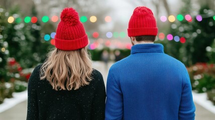 Couples picking out Christmas lights, cozy winter scarves, holding hands, festive holiday spirit, seasonal joy