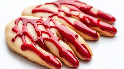 Creepy finger cookies with almond nails and red icing for blood, isolated on white background