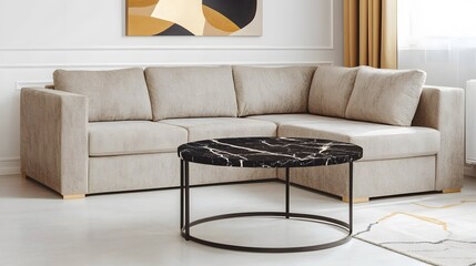 Poster - An overview of a luxury minimalist living room with a light gray sectional sofa and a black marble coffee table, minimalist decor and natural lighting, landscape orientation