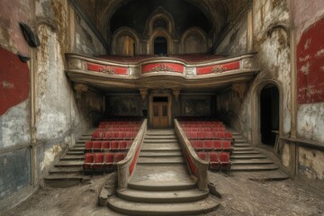 Abandoned Theatre. Exploring Old Stone Building with Vintage Seats