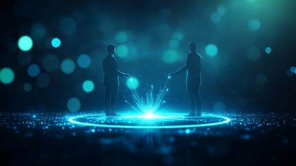 Two figures interacting with a glowing digital portal in a futuristic setting.