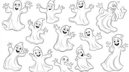 Fototapete - A charming collection of simple line art ghosts, each with fun, playful expressions, perfect for Halloween designs or light-hearted spooky themes.