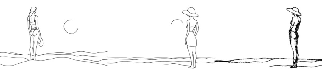 Aufkleber - One line art modern illustration of young woman walking on the beach. Sunset tropical holiday travel seashore. Beauty young lady horizont white modern illustration.