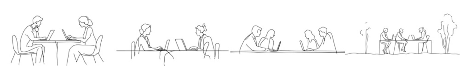Poster - Drawing showing three employees discussing their jobs in continuous line