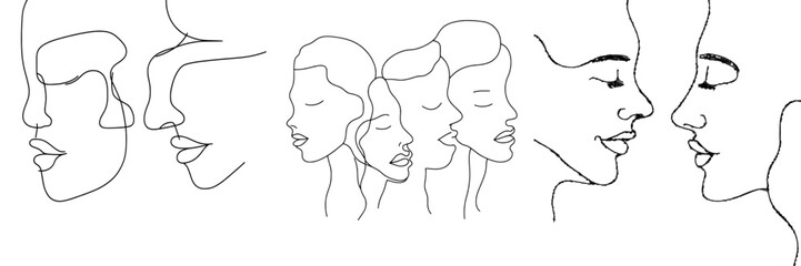 Aufkleber - Abstract seamless face pattern with one line drawing. Contemporary minimalism art. Continuous line with man and woman faces. Modern group of people.