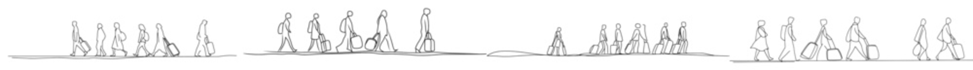 Leinwandbilder - An illustration of people with luggage walking continuously along a single line