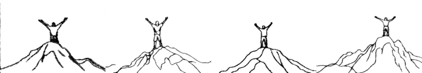 Fototapete - Line drawing of person reaching for a mountain peak after climbing a peak with a happy success achieving goal theme.