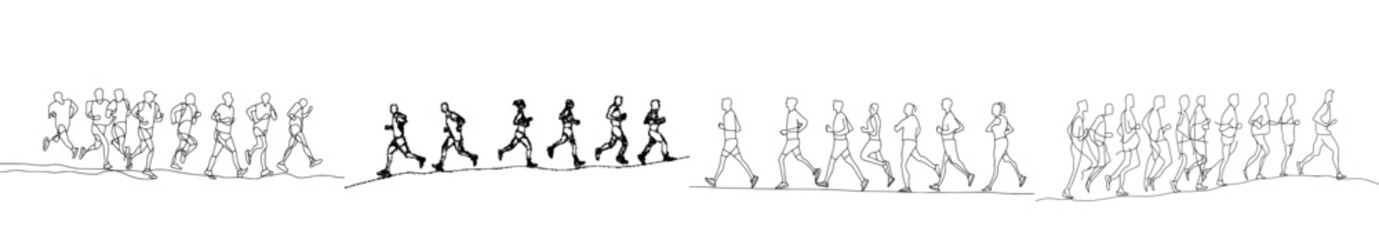 Poster - The runner is a one line illustration of a group of men and women who are running for health. The illustration is minimalistic design and simplicity style.