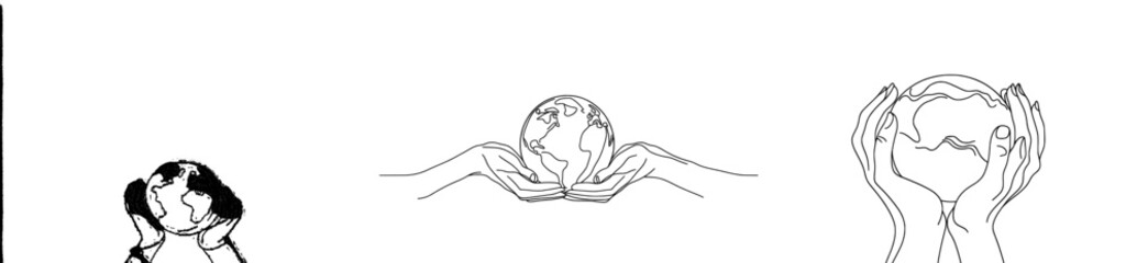Aufkleber - The hand holding the earth globe is drawn in one line. Continuous contours are traced by hand in a modern illustration.
