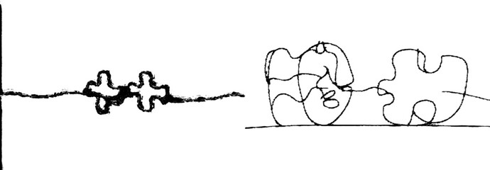 Fototapete - Two pieces of jigsaw puzzle drawn in one continuous line.