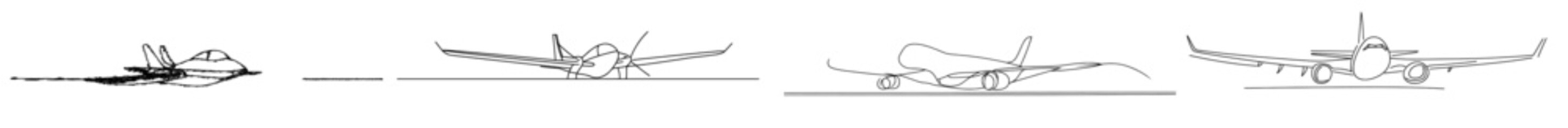 Leinwandbilder - An aerial view of a passenger plane flying. A continuous line drawing style. Black linear sketch isolated on a white background. Modern illustration.