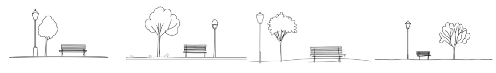 Aufkleber - One line drawing of a bench in a park near a tree and lantern.