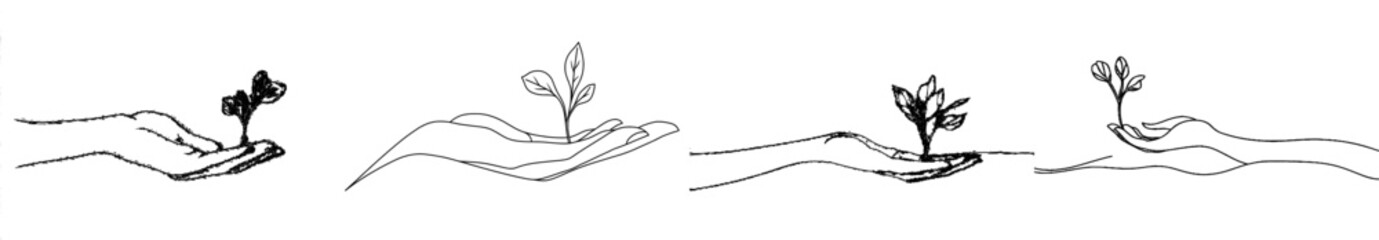 Poster - An illustration of a hand holding a plant's pot. A continuous one line illustration of a back to nature theme. A plant growing in the palm of a hand. Hand drawn modern design illustration of growing