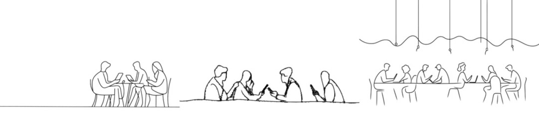 Aufkleber - Drawing of a young muslim businessman discussing his agreement project from the top. Muslim clothing hijb, scarf, keffiyeh. Single line drawing design.
