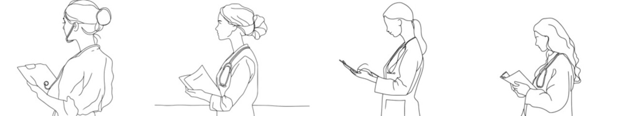 Poster - A single line drawing of a young woman doctor reading a patient's medical record on a clipboard while standing in a hospital hallway. Medical health care concept continuous line drawing design modern