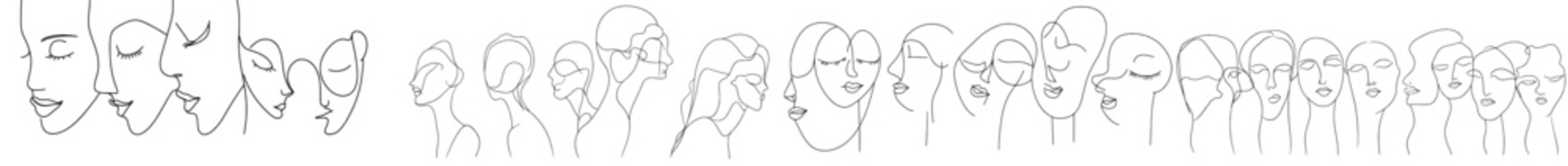 Leinwandbilder - Modern collection of hand drawn faces illustrations in a minimal continuous line style. Fashionable collection in a trendy style and minimal style.