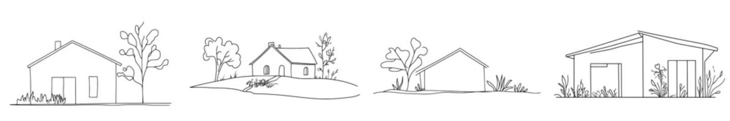 Leinwandbilder - An isolated black linear design of a suburban home surrounded by lush greenery. Modern illustration of a suburban home isolated on white.