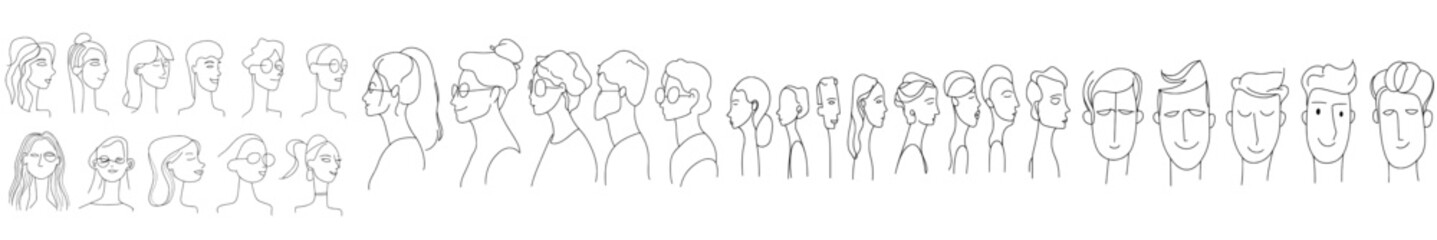Fototapete - Modern abstract icon doodle avatar set. Woman, man, boy, girl, teenager, old, young, grandmother grandpa, hairstyle, african, asian, european, american.