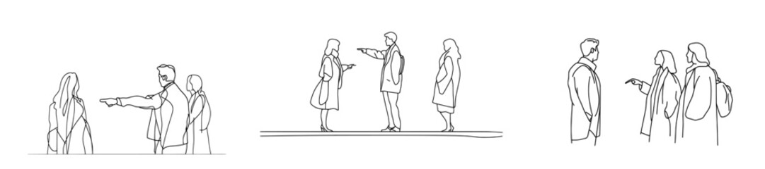Fototapete - There are young people walking together and talking. A group of friends is relaxing and communicating. Black linear sketch isolated on white background. Modern illustration style.