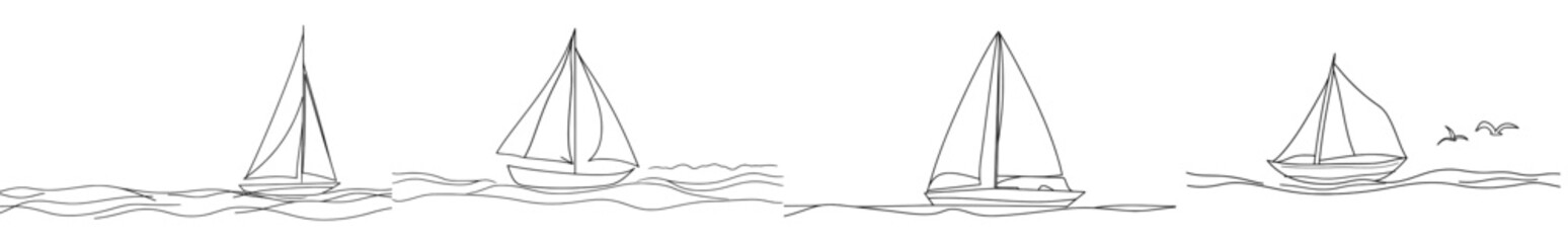 Leinwandbilder - Sea boat icon with continuous line art. Yacht travel tourism concept silhouette symbol design. Design with simple outline drawing in modern style.