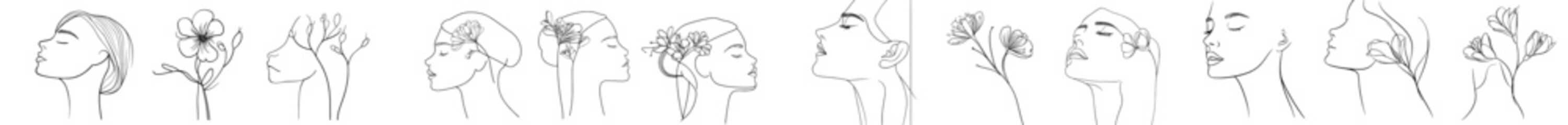 Aufkleber - Modern abstract line drawing of a woman's face with flowers and leaves