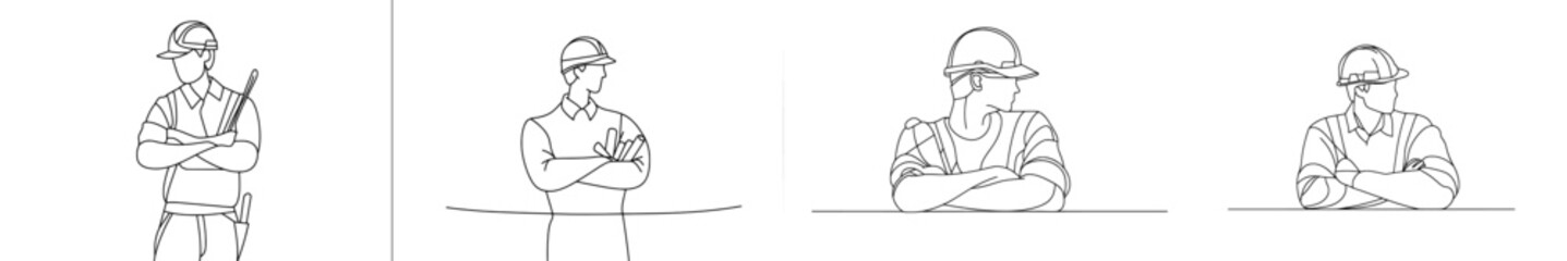 Poster - In a single line drawing of a young male architect holding blueprint paper, his arms are crossed on his chest. Professional work profession occupation minimal concept. In continuous line drawing of