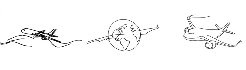 Leinwandbilder - Continuous line drawing of an airplane flying around Earth. Concept of touring and traveling. Modern illustration in a linear style.