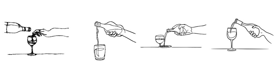 Poster - Modern illustration of a bartender pouring alcohol from a bottle into a glass. A minimalist line of a bartender's hand draws the alcohol from the bottle into the glass.