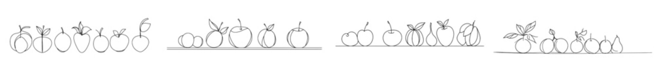 Aufkleber - Fruits in one line. Continuous line of pineapple banana citrus pear and grape, trendy monoline healthy food. Modern fruit isolated from the background.