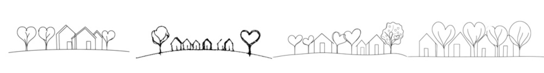 Poster - This horizontal pattern features houses, trees, hearts, and empty space for text. It can be used as an element on a background, cover, banner, flyer, or social media post.