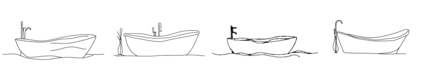 Fototapete - An illustration of a clawfoot bathtub in continuous line art style, isolated on a white background.