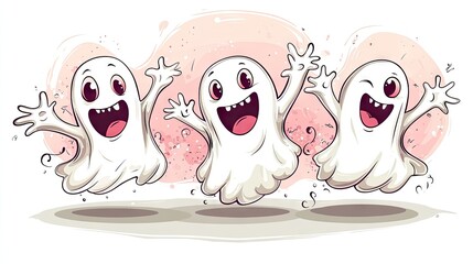 Fototapete - A delightful line art illustration of cute ghosts in simple vector style, each ghost with a unique expression, ideal for spooky or fun designs.